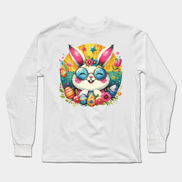 Happy Easter Groovy Retro Bunny Long Sleeve T-Shirt by Heartsake